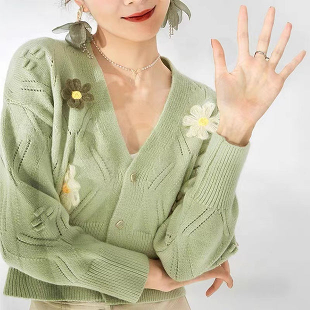 Damen Strickjacke mit floralen Applikationen und strukturiertem Design WW