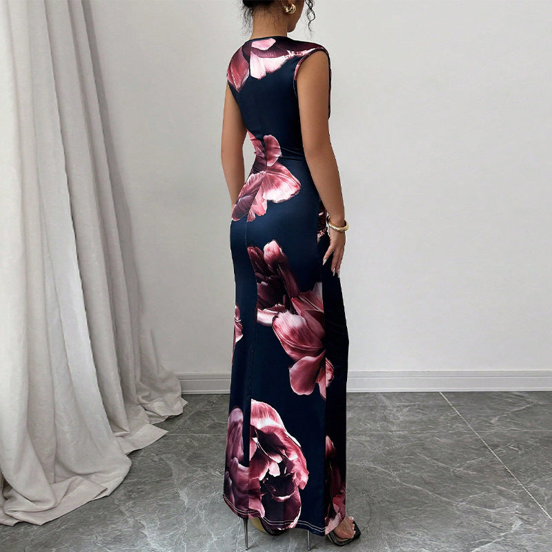 Damen elegantes Maxi-Kleid mit floralem Drapierungsdesign und figurbetonendem Schnitt WW