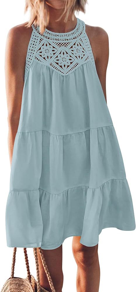 Damen Luftiges Sommerkleid mit Spitzenbesatz und weit geschnittenem Saum WW