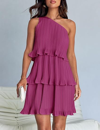 Damen asymmetrisches Plisseekleid mit Rüschendetails und eleganter A-Linie WW
