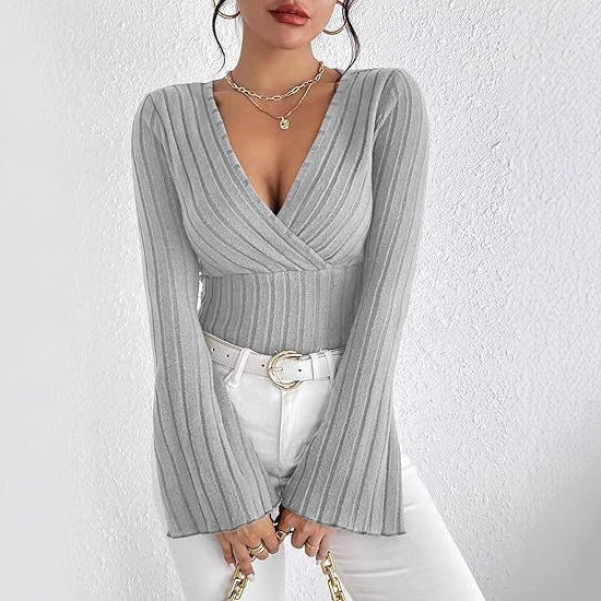 Damen Strickoberteil mit Wickeldesign und weitem Ärmel WW