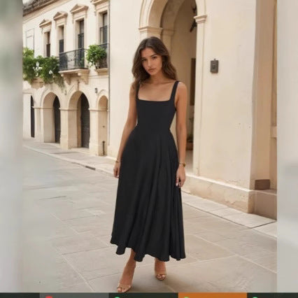 Damen Maxikleid mit quadratischen Ausschnitten und fließendem Rock WW