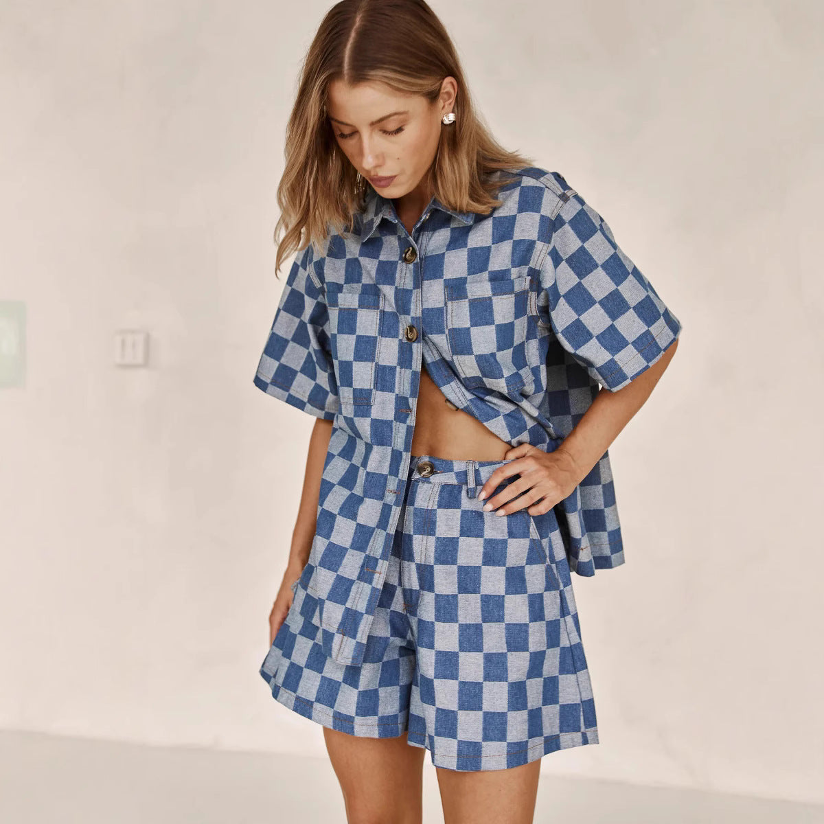 Damen Karierter Hemden-Set aus Denim WW