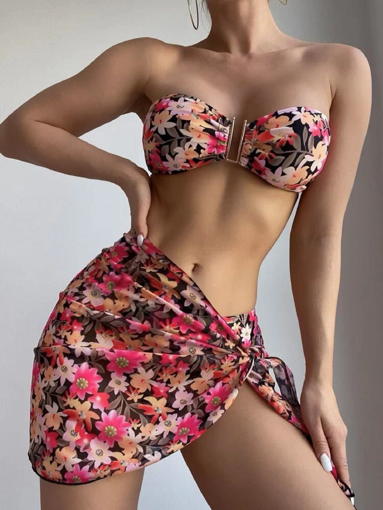 Damen Bikini-Set mit schickem Bustier und floralem Wickelrock WW