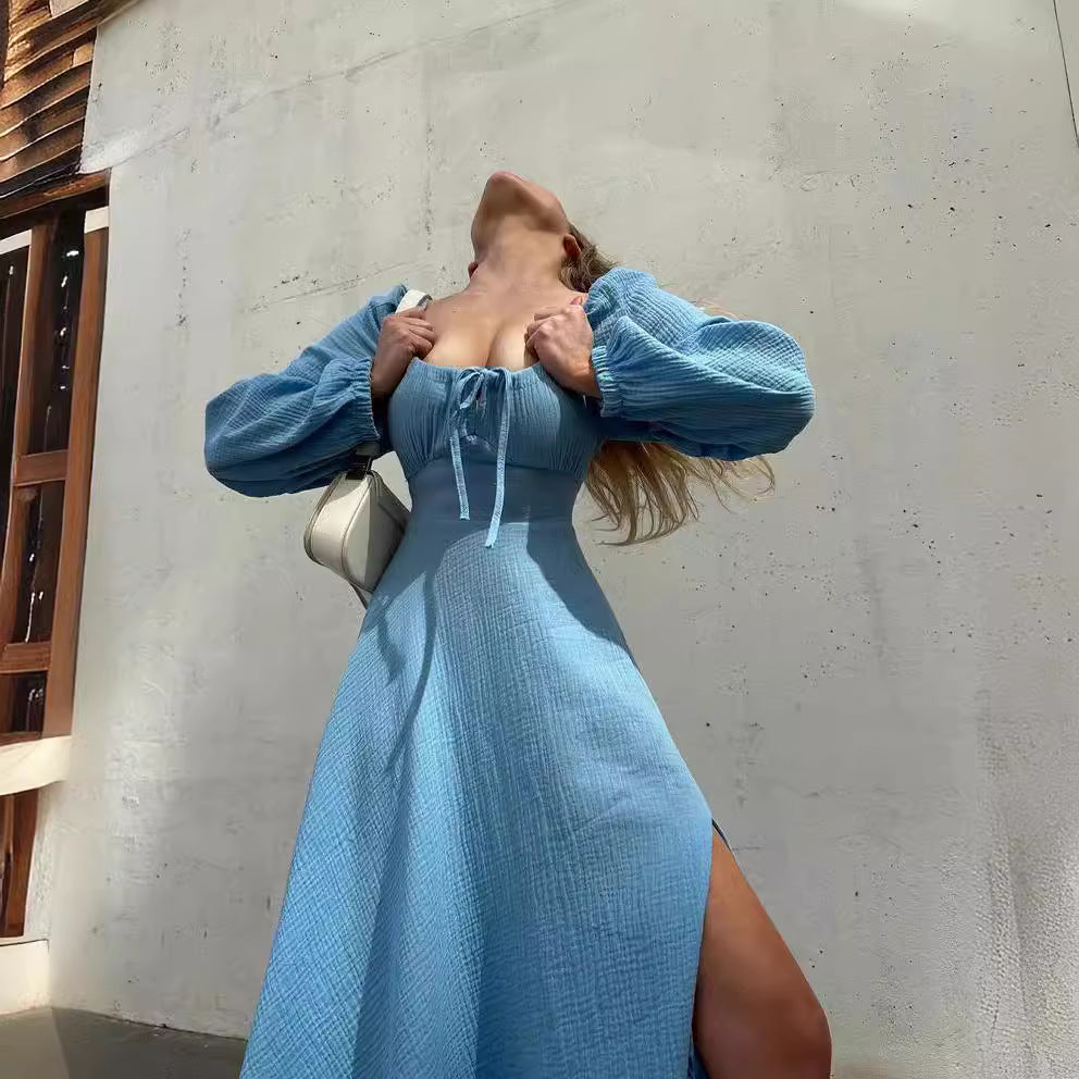 Damen Midi-Kleid mit Ballonärmeln und Schnürung WW