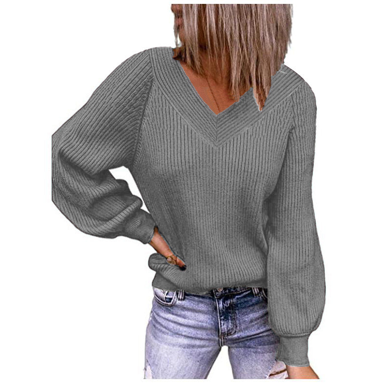 Damen Strickpullover mit V-Ausschnitt und Ballonärmeln WW