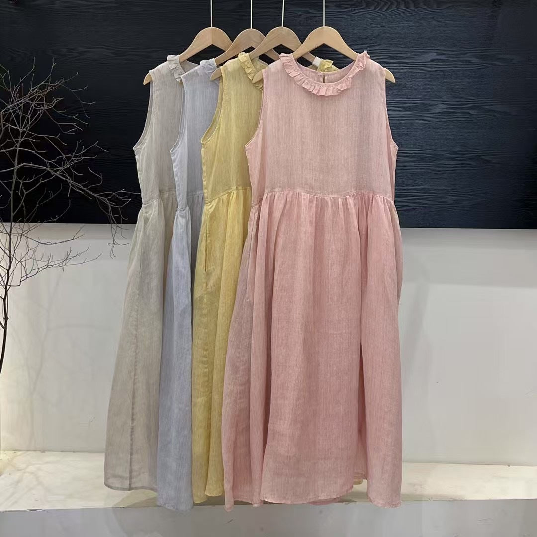 Damen Relaxed Fit Rüsch-Leinen-Maxi-Kleid WW