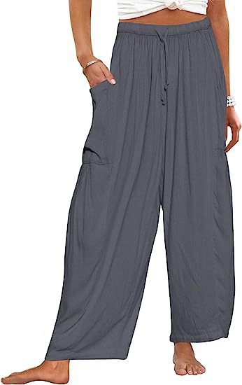 Damen lässige weit geschnittene Leinenhose mit praktischen Taschen und elastischem Bund WW