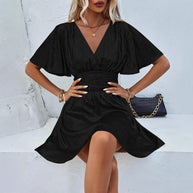 Damen schimmerndes V-Ausschnitt Minikleid mit voluminösen Ärmeln WW