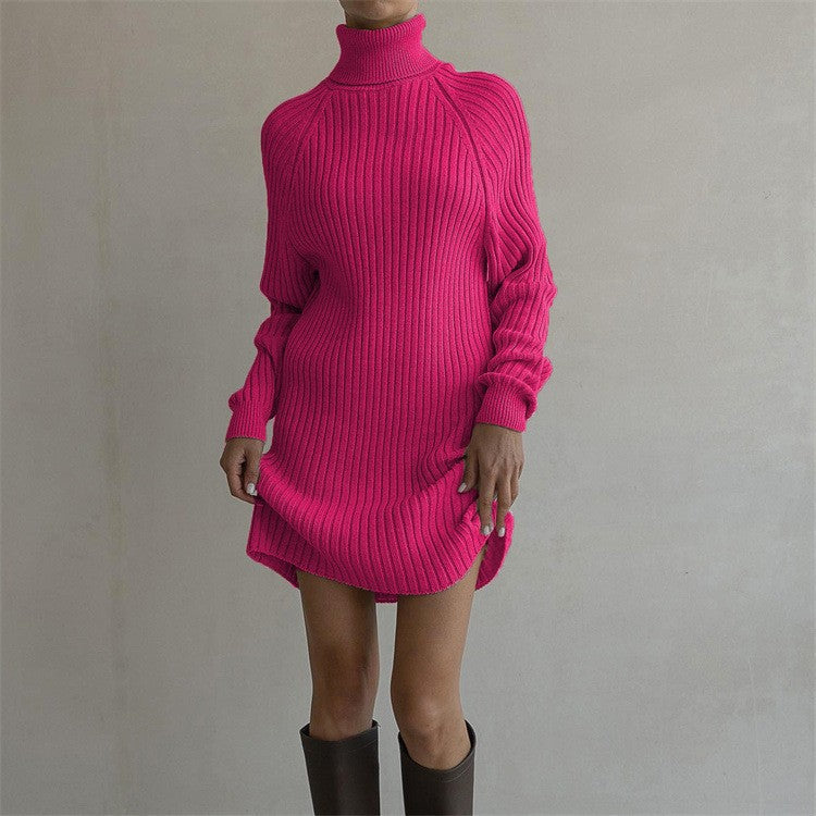 Damen Strickkleid mit hohem Kragen und großen Ärmeln WW