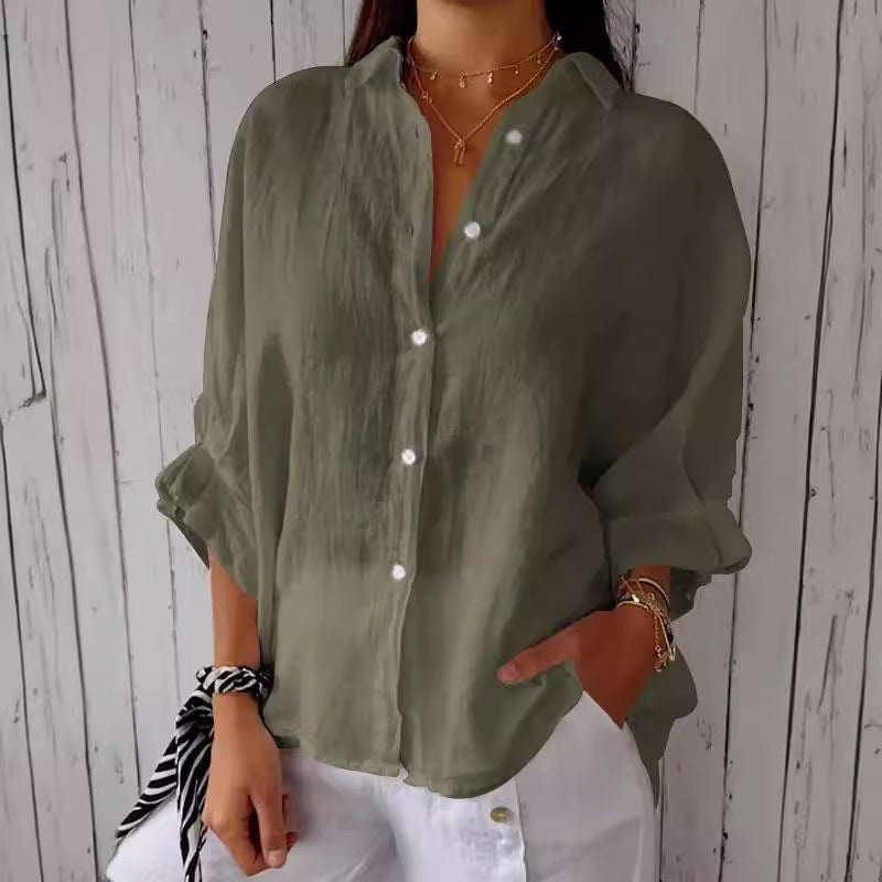 Damen lässige Bluse aus Leinen mit Knopfleiste und seitlichen Taschen WW