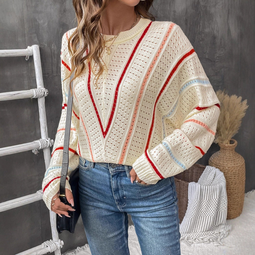 Damen Strickpullover mit modernem Lochmuster und dekorativen Streifen WW
