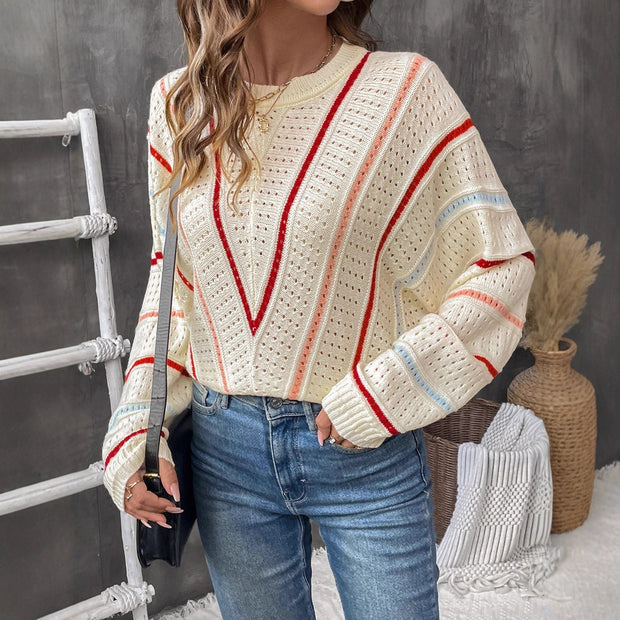 Damen Strickpullover mit modernem Lochmuster und dekorativen Streifen WW