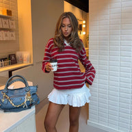 Damen sportlich gestreifter Pullover mit Kragen und lockerem Schnitt WW