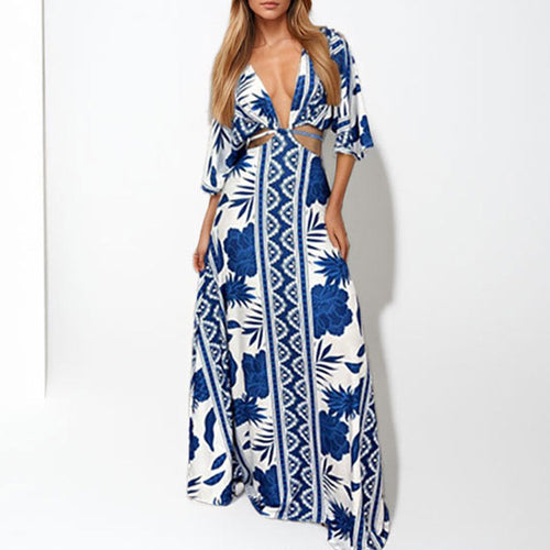 Damen Maxi-Kleid mit tiefem V-Ausschnitt und Wellenmuster W&W Mode