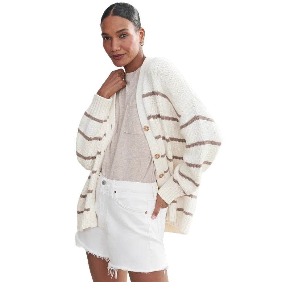 Damen Strickjacke mit breiten Streifen und Knopfverschluss WW