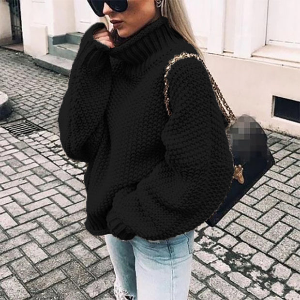 Damen Grobstrickpullover mit hohem Kragen und lässigem Schnitt WW