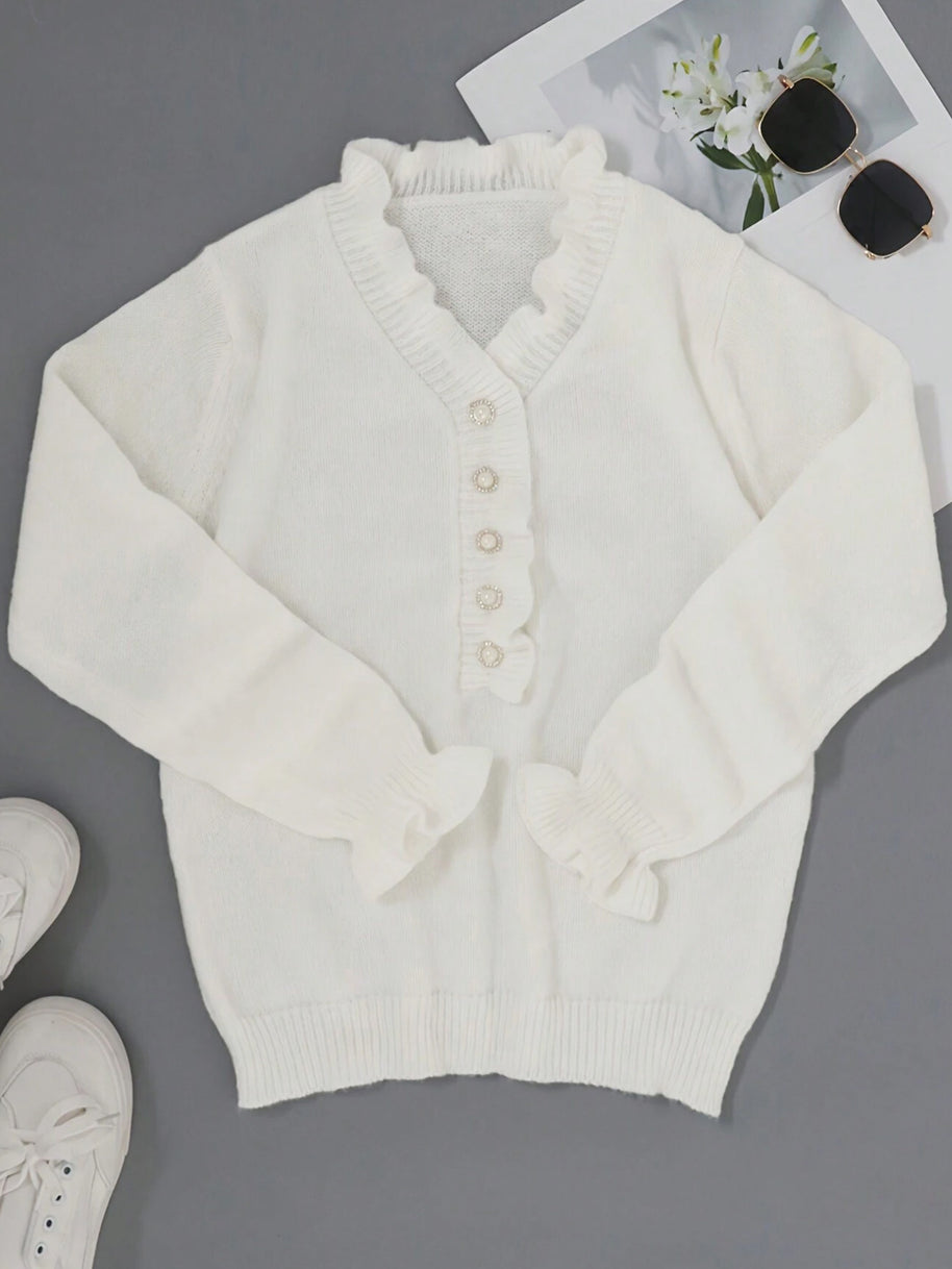 Damen Strickpullover mit Rüschendetails und perlenverzierten Knöpfen WW