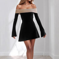 Damen schulterfreies Minikleid mit eleganten Trompetenärmeln und figurbetontem Schnitt WW