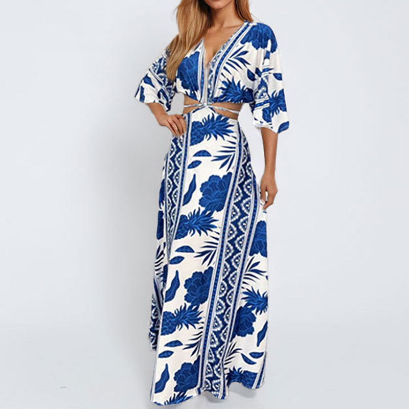 Damen Maxi-Kleid mit tiefem V-Ausschnitt und Wellenmuster W&W Mode