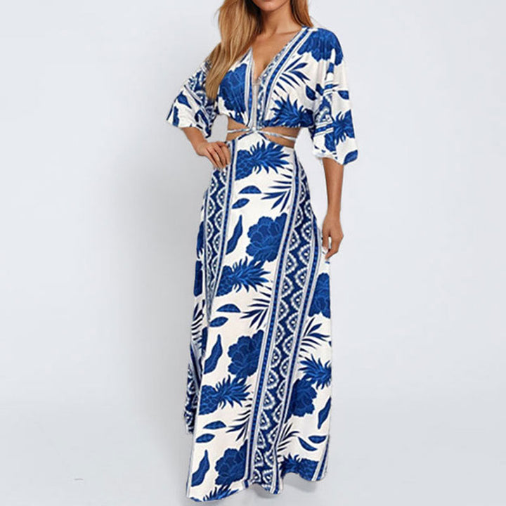 Damen Maxi-Kleid mit tiefem V-Ausschnitt und Wellenmuster W&W Mode