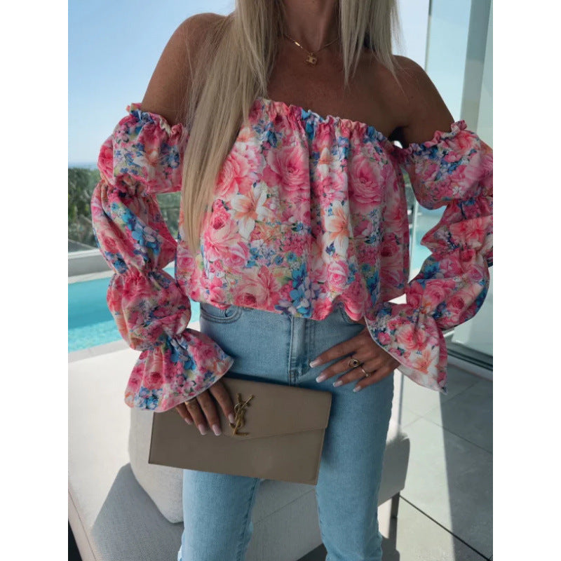 Damen Off-Shoulder Rüsch Blumen Bluse WW