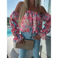 Damen Off-Shoulder Rüsch Blumen Bluse WW