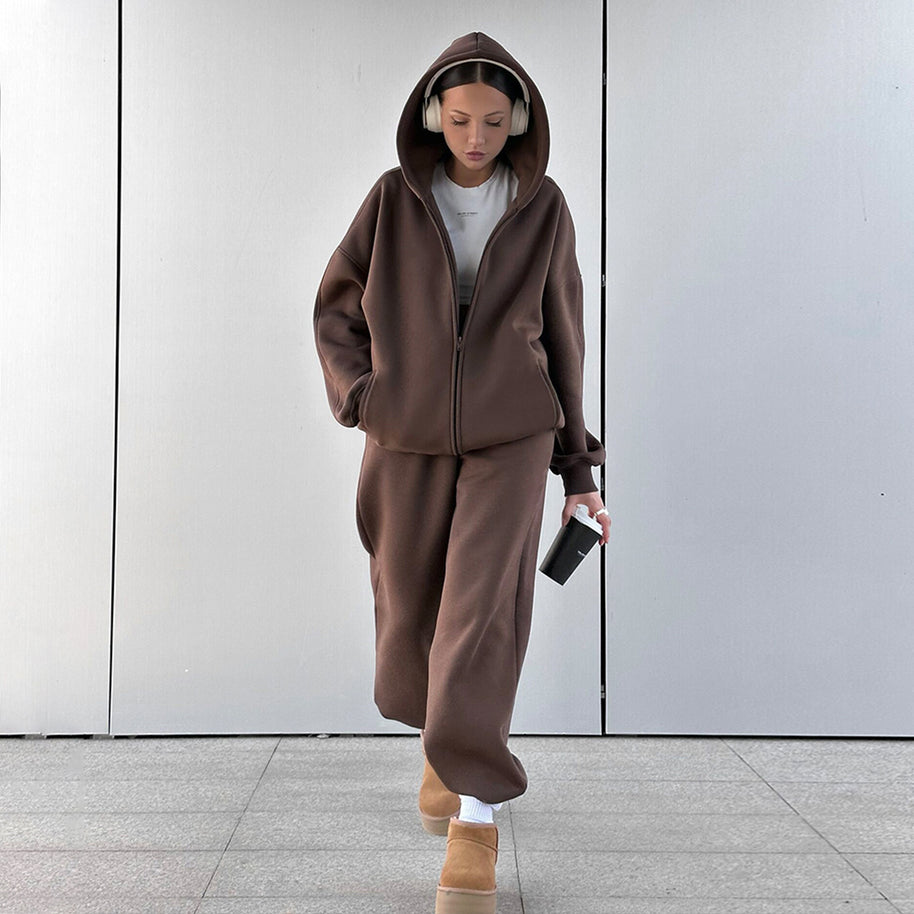 Damen Bequemes Fleece-Hausanzug-Set mit Hoodie und elastischem Bund WW