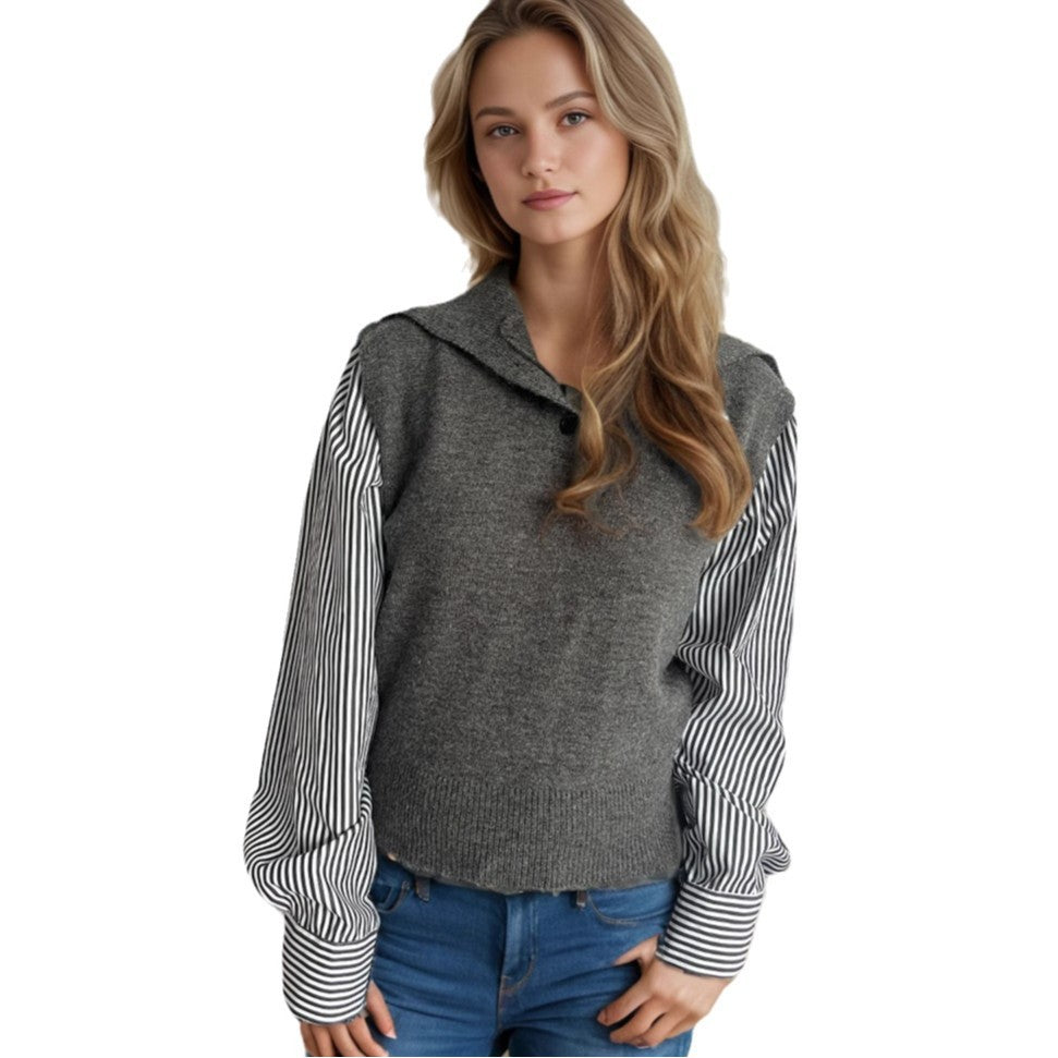 Damen Strickpullover mit modernem Kragen und eleganten gestreiften Ärmeln WW
