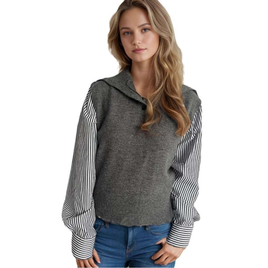 Damen Strickpullover mit modernem Kragen und eleganten gestreiften Ärmeln WW