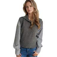 Damen Strickpullover mit modernem Kragen und eleganten gestreiften Ärmeln WW