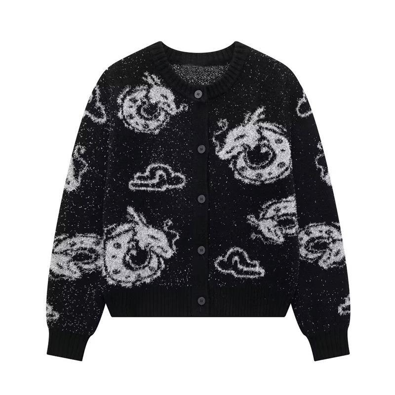 Damen Strickjacke mit einzigartigem Drachenmuster und Knopfleiste WW