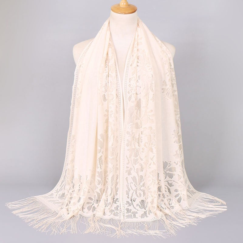 Damen Langer Spitzen-Schal mit fransten Abschlüssen W&W Mode