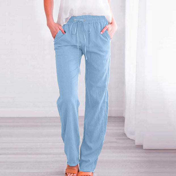 Damen Bequeme Leinen-Hose mit elastischem Bund und Taschen WW