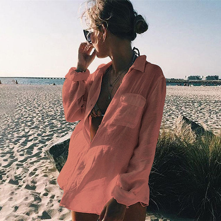 Damen Strandbluse aus leichtem Baumwollmix mit feinen Knopfdetails WW