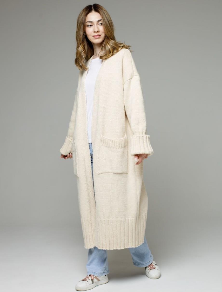 Damen bequemer langer Strickcardigan mit Taschen und breiten Ärmeln WW