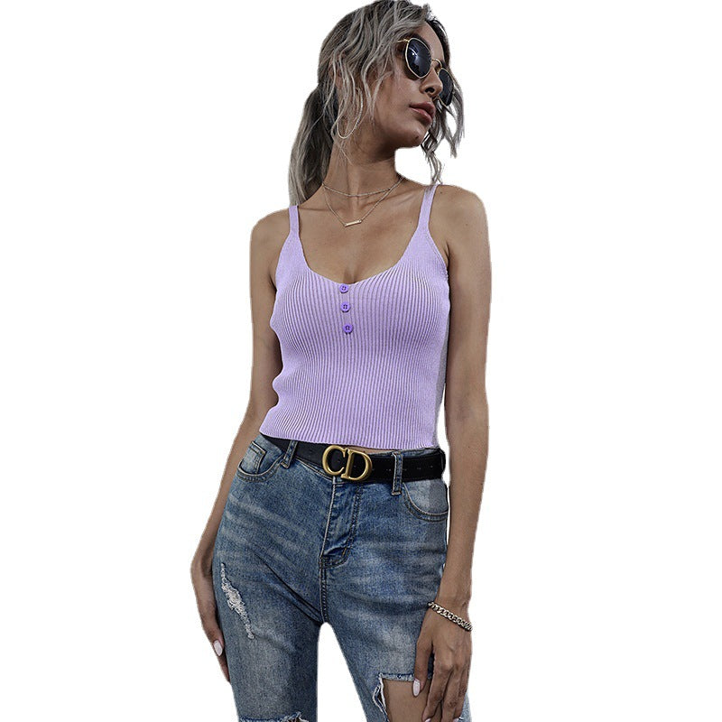 Damen lässiges Trägershirt mit durchgehender Knopfleiste und Rippenstruktur W&W Mode