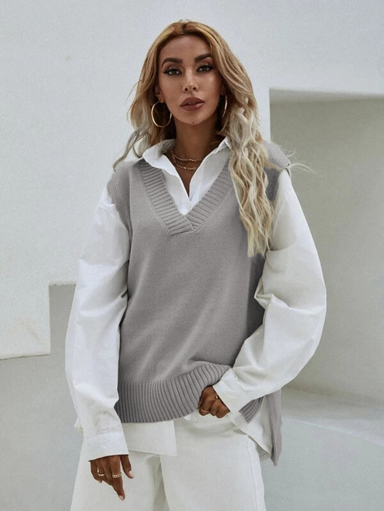 Damen Strickweste mit V-Ausschnitt und geripptem Saum WW