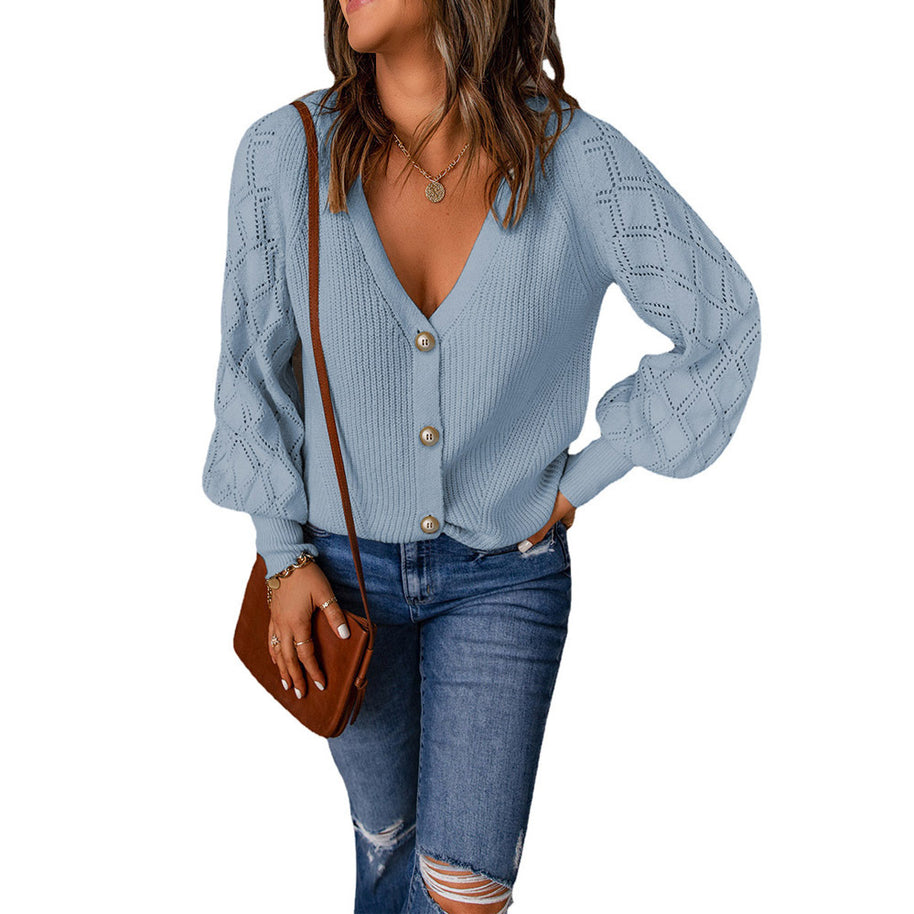 Damen Strickjacke mit V-Ausschnitt und Puffärmeln WW