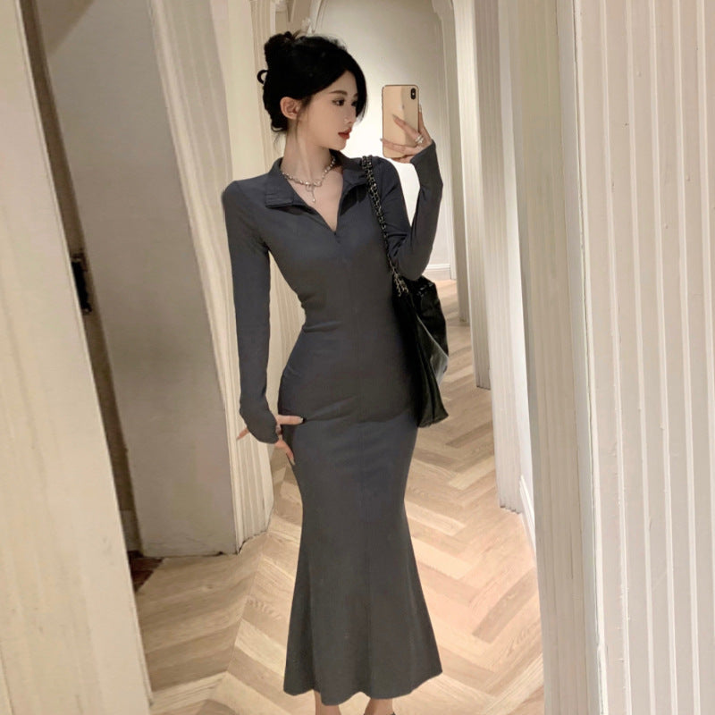 WW | Slim Fit Reißverschluss V-Ausschnitt Knielang Meerjungfrau Kleid