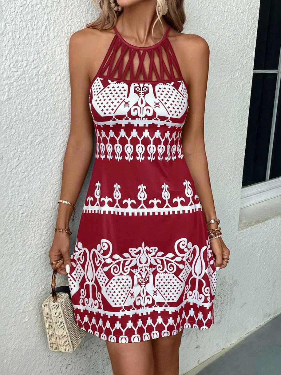 Damen ärmelloses Sommerkleid mit modischem Cut-Out-Design und grafischem Muster WW