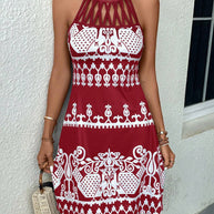 Damen ärmelloses Sommerkleid mit modischem Cut-Out-Design und grafischem Muster WW