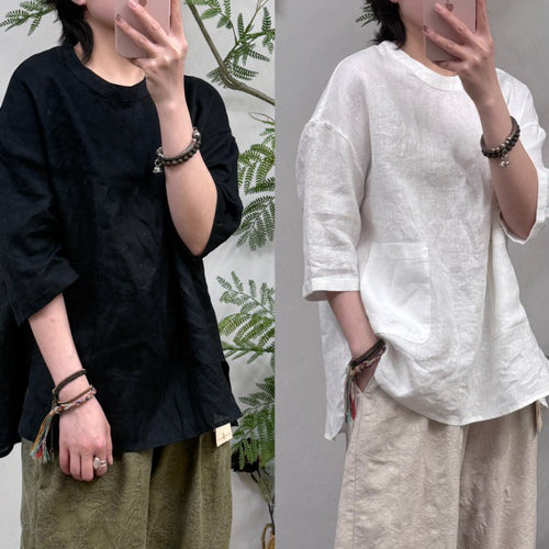 Damen Relaxed Fit Leinen Tunika-Oberteil mit Tasche WW