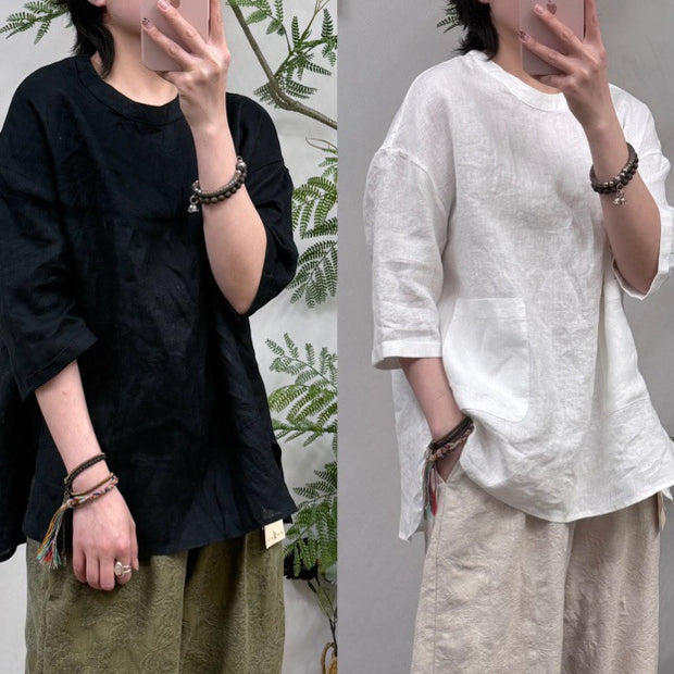 Damen Relaxed Fit Leinen Tunika-Oberteil mit Tasche WW