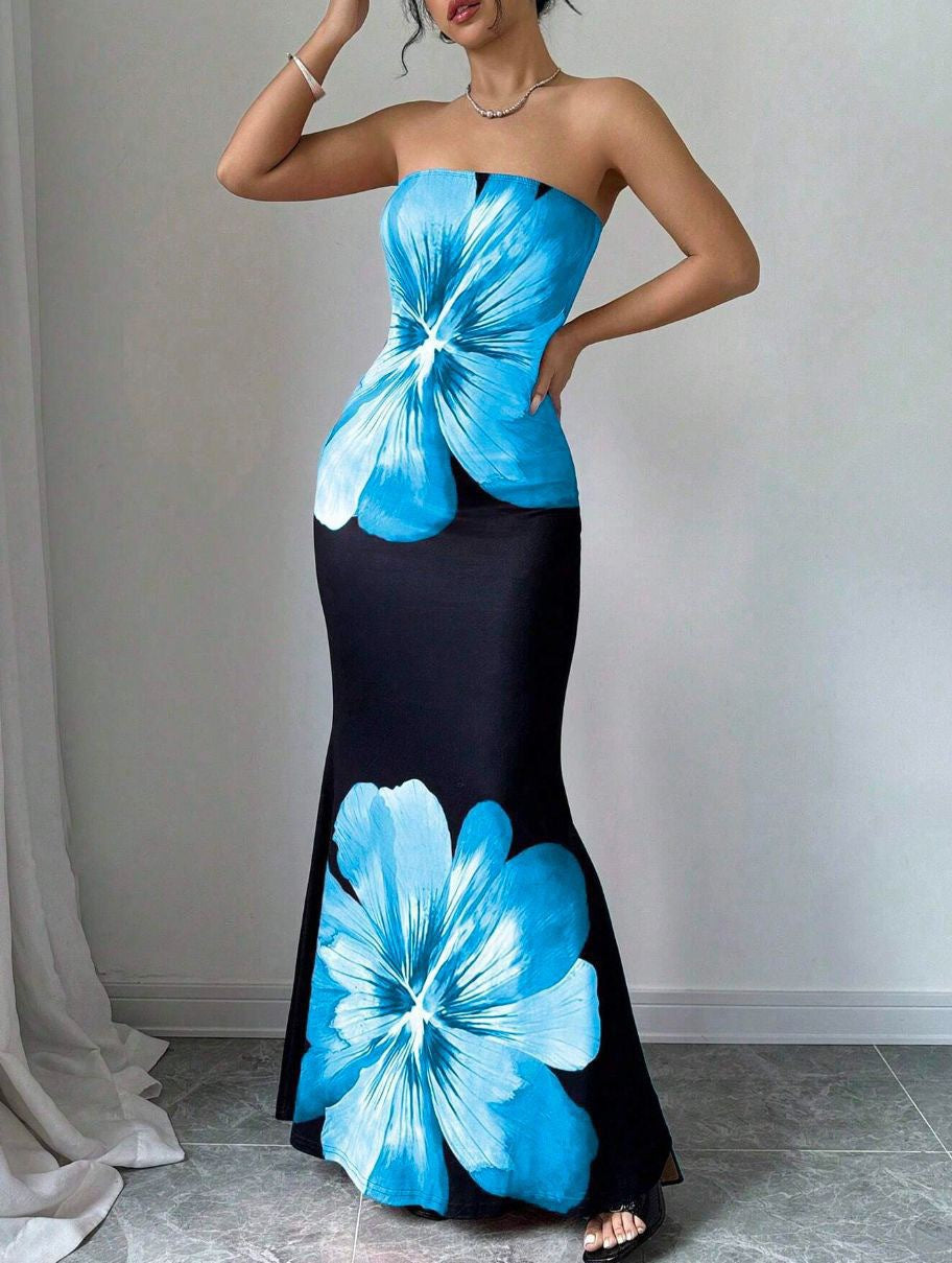 Damen Strapless Maxikleid mit floralen Akzenten und elegantem Slim-Fit WW