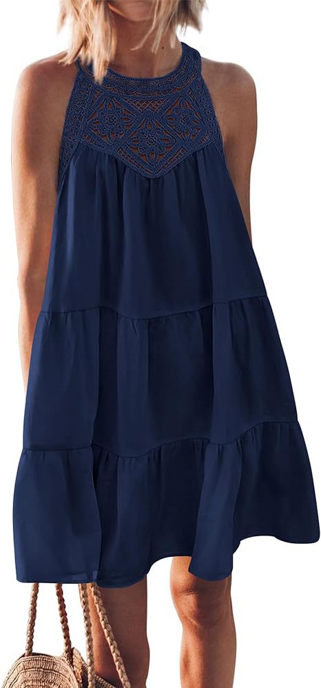 Damen Luftiges Sommerkleid mit Spitzenbesatz und weit geschnittenem Saum WW
