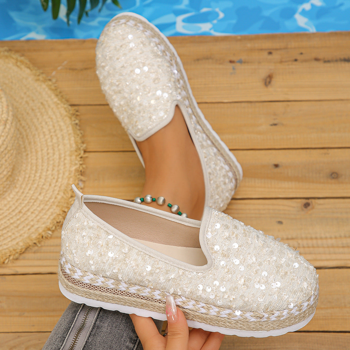 Damen Slip-On Espadrilles mit funkelnden Pailletten und komfortabler Plateausohle WW