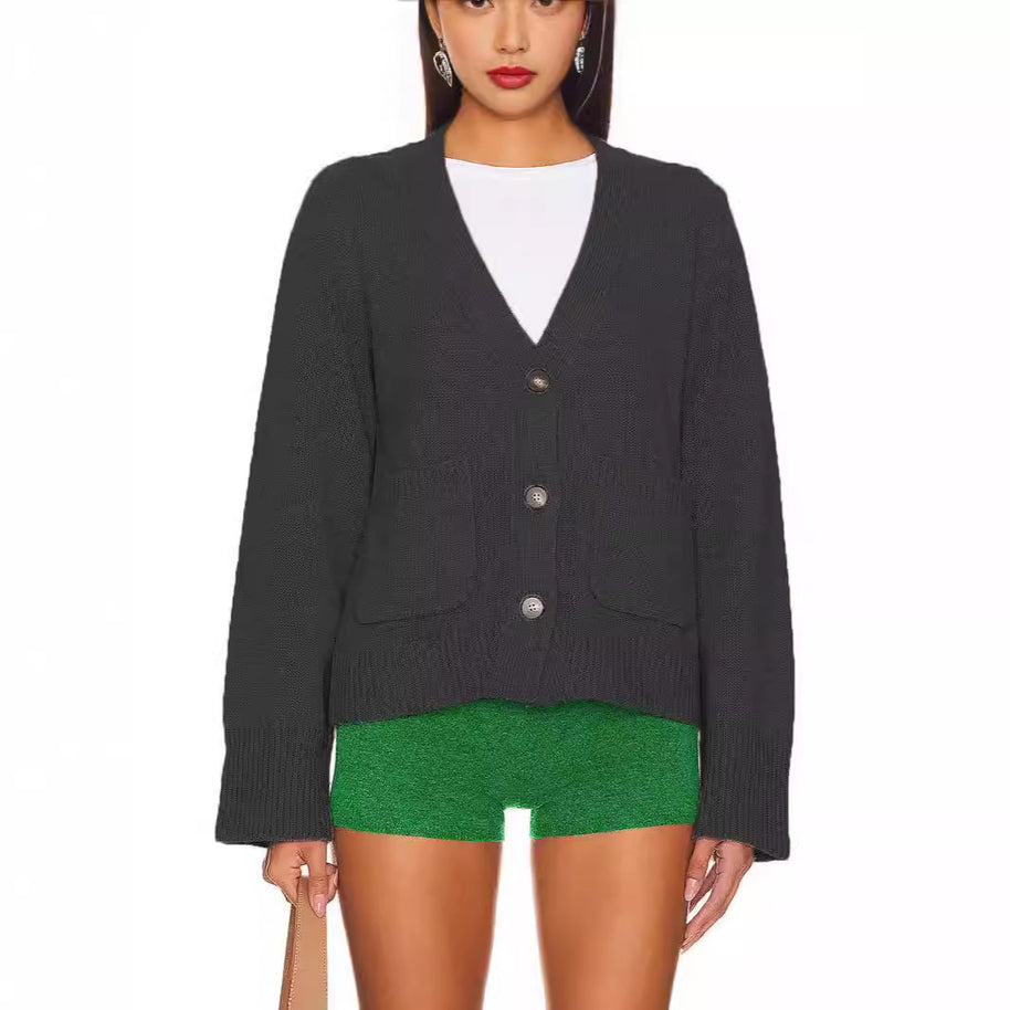 Damen Strickjacke mit V-Ausschnitt und großen Taschen WW