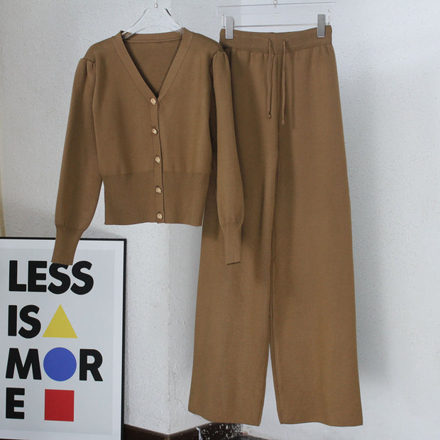 Damen raffinierter Zweiteiler aus Strick mit V-Ausschnitt und dekorativen Knöpfen WW