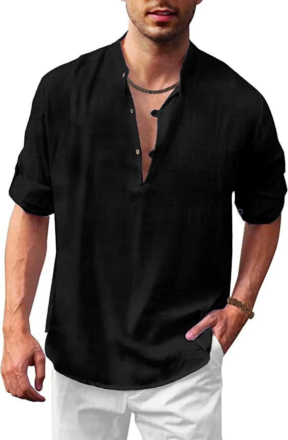 Herren Casual Leinenhemd mit modischem V-Ausschnitt und funktionalen Knopfdetails WW